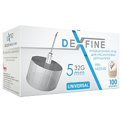 Иглы инъекционные универсальные DEXFINE №100 для инсулиновых шприц-ручек, 32G (диаметр 0,23 мм), длина 5 мм, 100 шт.