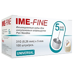 Иглы инъекционные универсальные IME-FINE №100 для инсулиновых шприц-ручек, 31G (диаметр 0,26 мм), длина 5 мм, 100 шт.